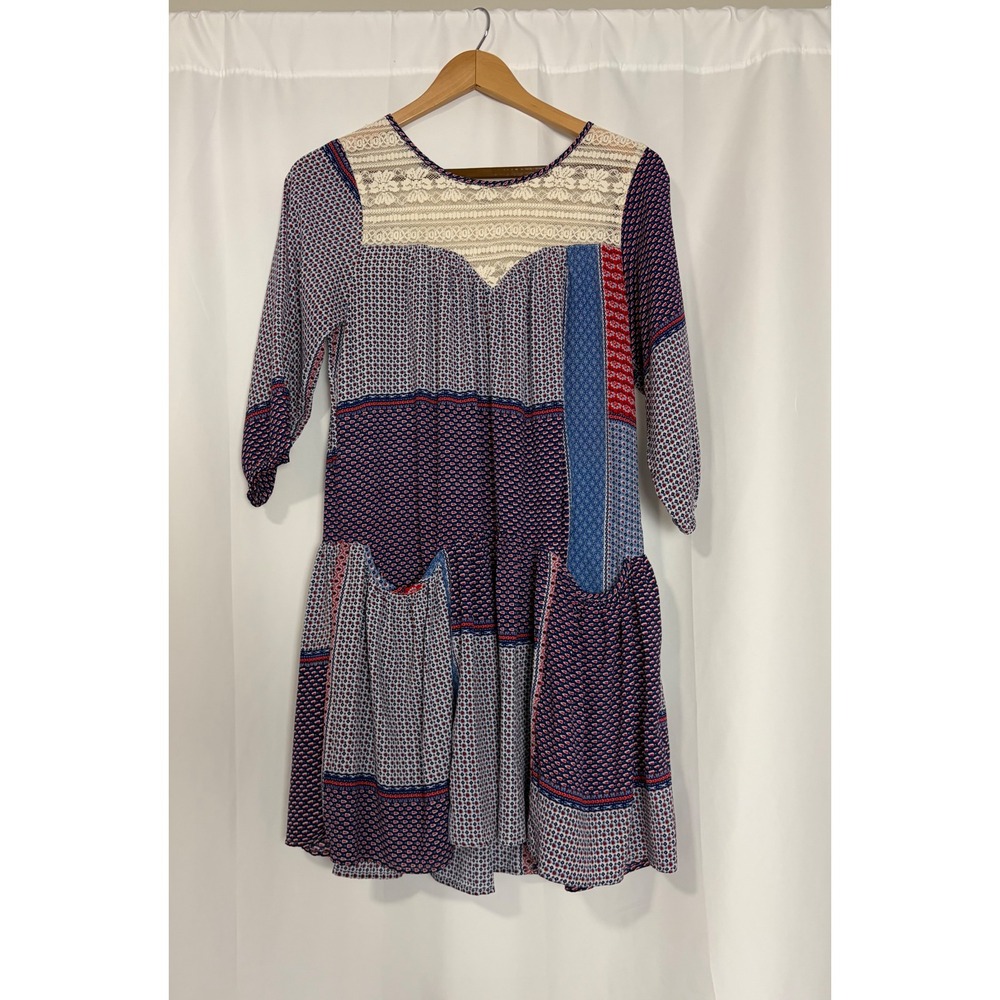 Umgee Boho Patchwork Lace Yoke Mini Dress‎ Blue Lagenlook Pockets Womens Small